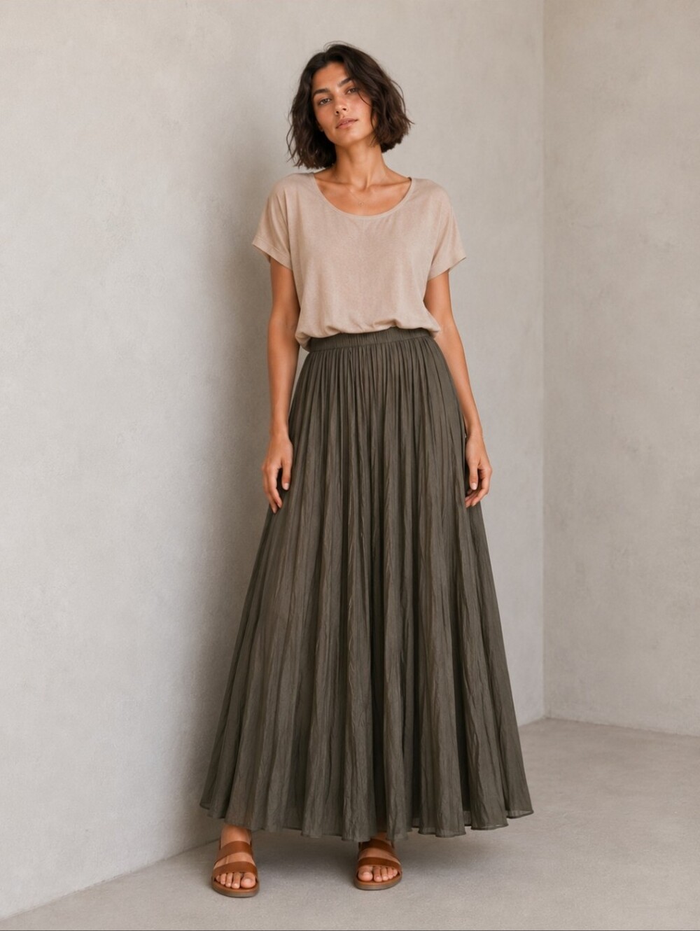 Massimo Dutti Rami Raw Silk Blend Pleated Maxi Skirt | Taupe Green |
